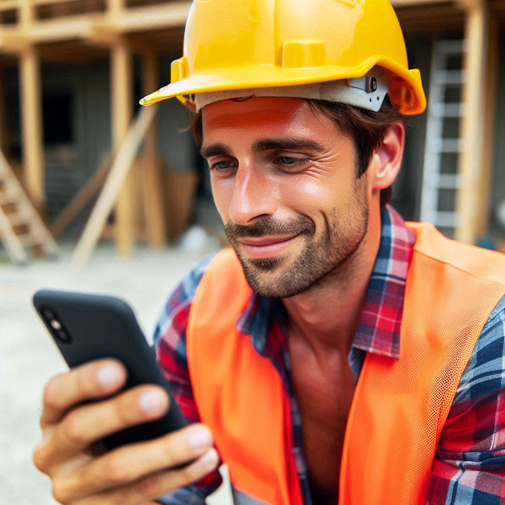 Construction worker holding a smartphone